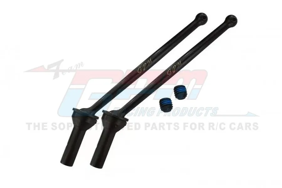 Two black hardened steel GPM front CVD driveshafts with two small grub screws, displayed against a white background with a faint GPM logo watermark.