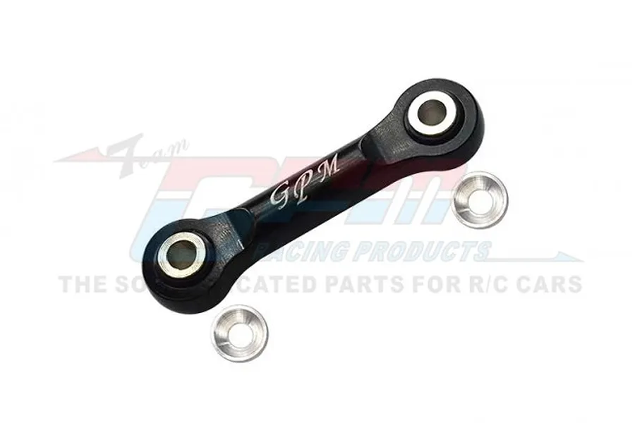 A black GPM Racing aluminium servo tie rod with two silver metal washers on a white background.