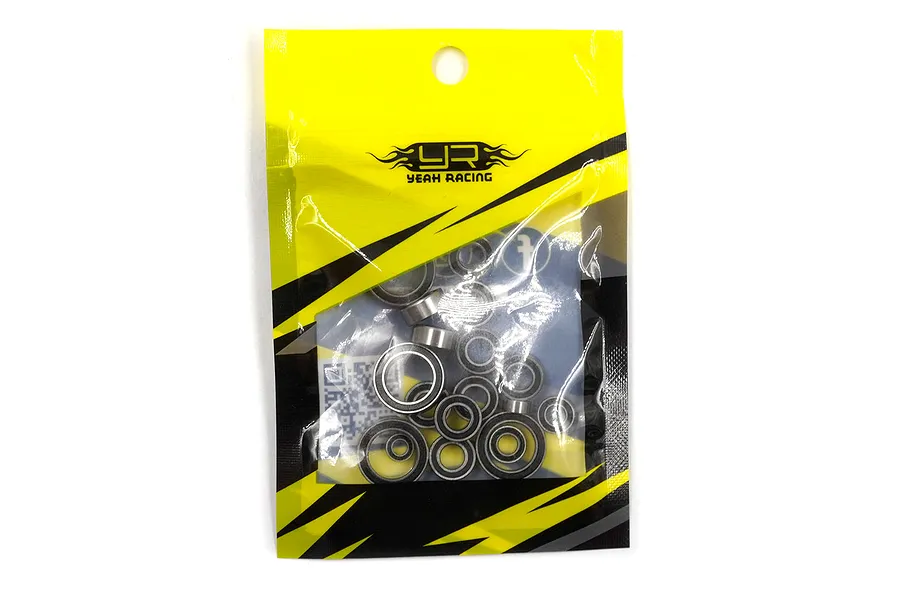 A sealed plastic bag containing a set of various sized metal ball bearings for RC cars, branded with the Yeah Racing logo.