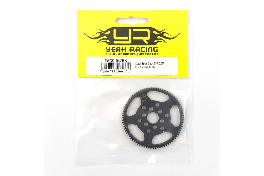 Yeah Racing 83T 0.6Mod steel spur gear for Tamiya CC02 in original yellow and white retail packaging.