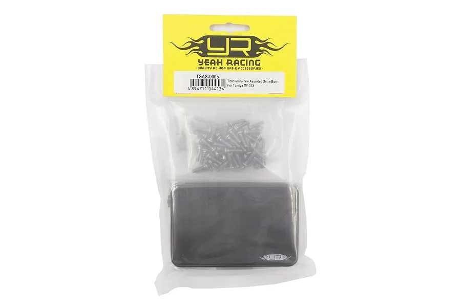 Yeah Racing Titanium Screw Kit for Tamiya MF-01X in a clear plastic bag with a yellow header card and a black storage box.