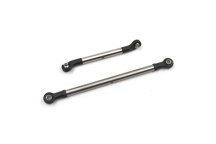 Two stainless steel steering linkages with black plastic rod ends for Tamiya CC-02 RC cars, shown against a white background.