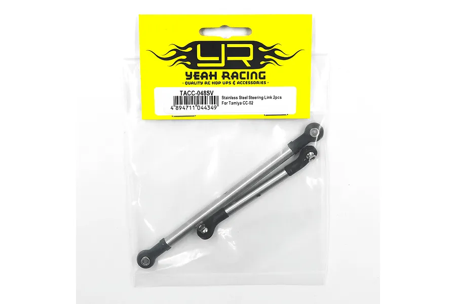 Two Yeah Racing stainless steel steering linkages for Tamiya CC-02 in original retail packaging.