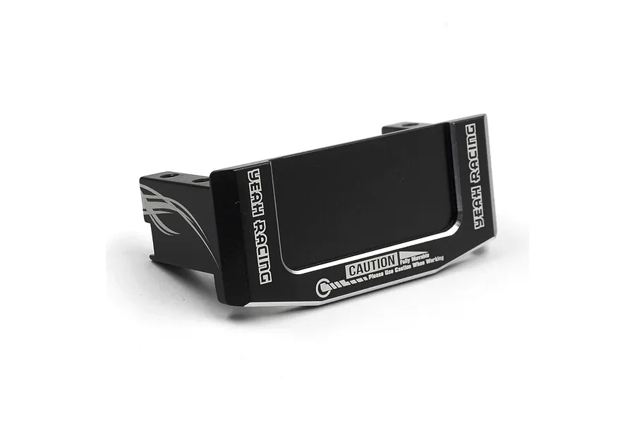 Black aluminium servo mount by Yeah Racing for Traxxas 4-Tec, featuring silver laser-etched branding and caution text on a white background.