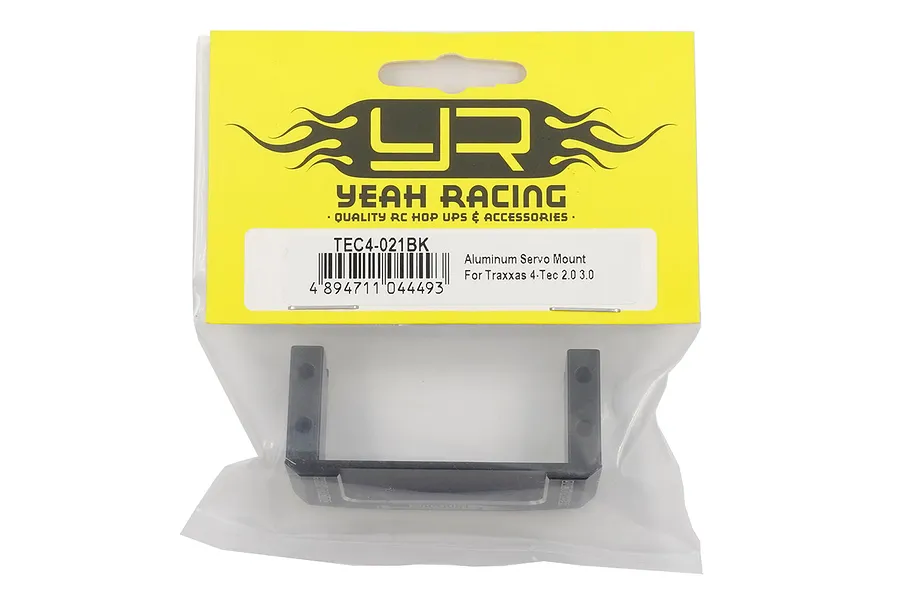Yeah Racing black aluminium servo mount for Traxxas 4-Tec 2.0 and 3.0 in original retail packaging.