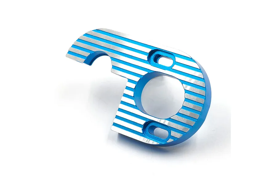 A blue anodized aluminium motor mount for Tamiya XV-02 RC cars, featuring silver machined cooling fins on a white background.