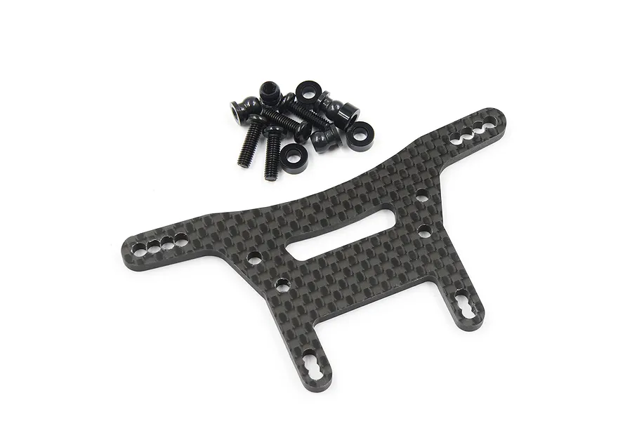 Yeah Racing carbon fibre front shock tower for Tamiya XV-02 with included black metal screws and ball studs on a white background.