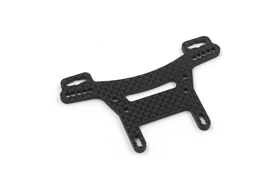 A black carbon fibre rear shock tower for a Tamiya XV-02 RC car, featuring multiple mounting holes and a woven texture.