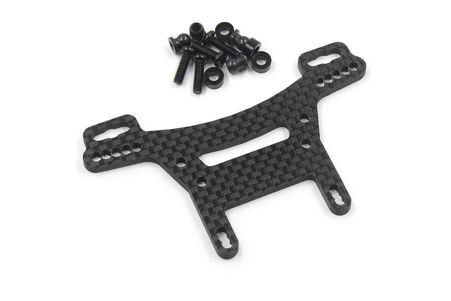 Yeah Racing carbon fibre rear shock tower for Tamiya XV-02 with included mounting hardware on a white background.
