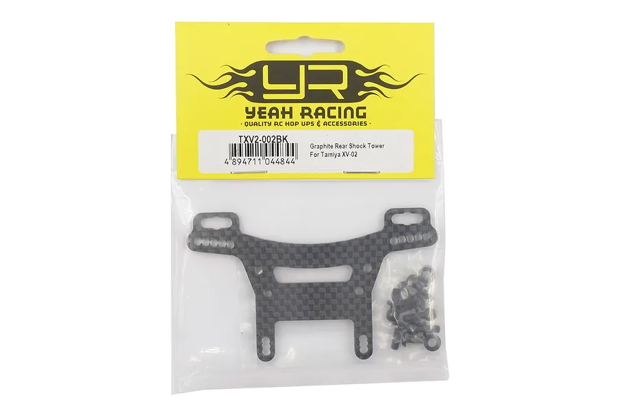 Yeah Racing carbon fibre rear shock tower for Tamiya XV-02 in original packaging with included mounting hardware.
