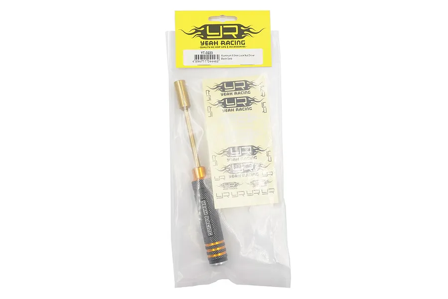 Yeah Racing 8.0mm lock nut driver in black and gold, packaged in a clear plastic bag with a yellow header card and included sticker sheet.