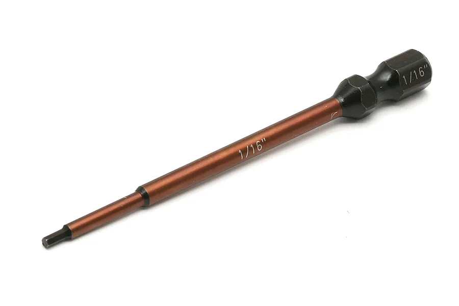 A 1/16 inch hex driver replacement tip with a copper-coloured shaft and a black hexagonal base.