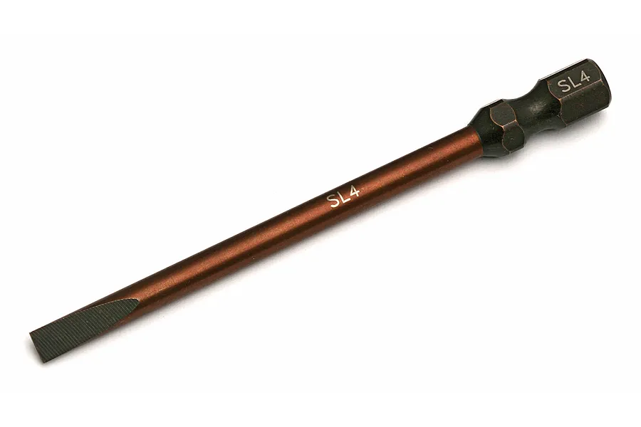 A Factory Team flat head screwdriver bit with a brown shaft and black hex shank, marked SL4.