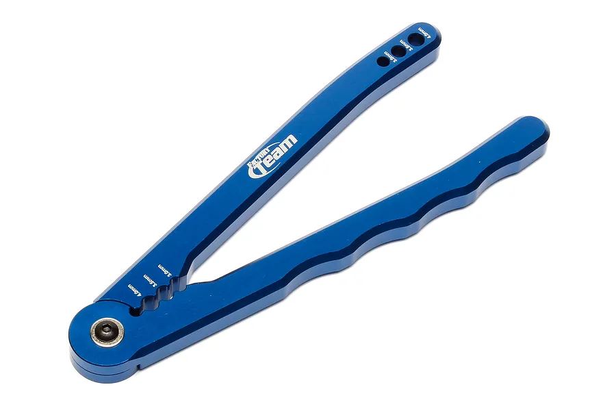 Blue anodized aluminium Factory Team shock shaft pliers with multiple sizing holes for RC maintenance.