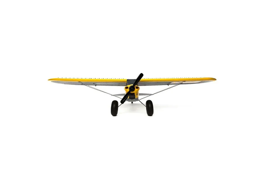 Front view of the HobbyZone Carbon Cub S2 1.3m RC plane, featuring a yellow fuselage, high-wing design, and black propeller against a white background.