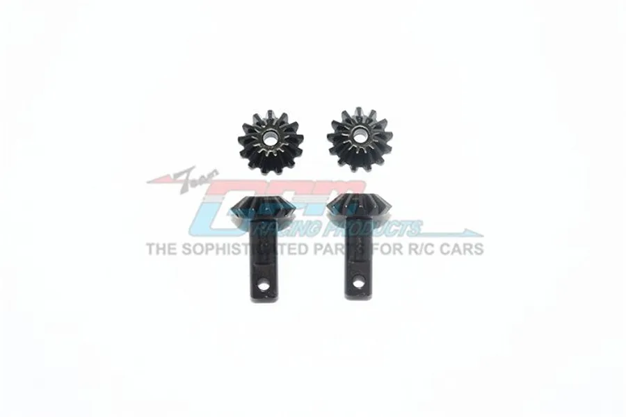 A set of four hardened steel differential gears for an RC car, including two pinion gears and two bevel gears, displayed against a white background.