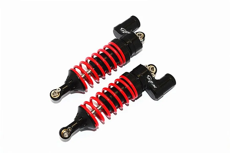 Two black and red GPM Racing piggyback shock absorbers for RC cars on a white background.