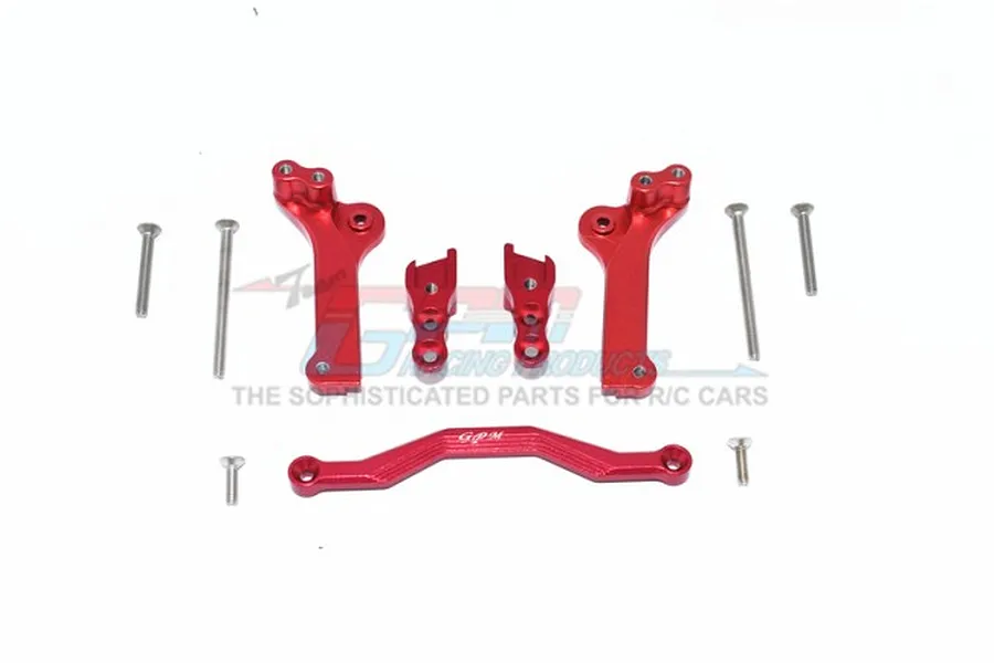 GPM Racing red anodized aluminium rear shock tower set with mounting hardware on a white background.
