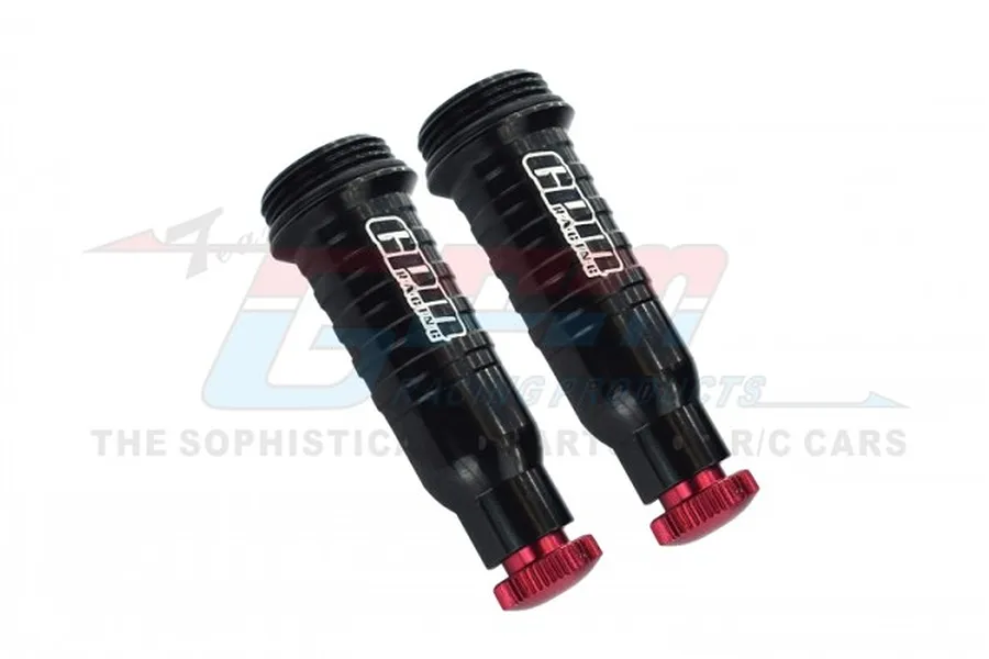 Two black aluminium piggyback shock bodies from GPM Racing with red adjustment knobs, shown against a white background.