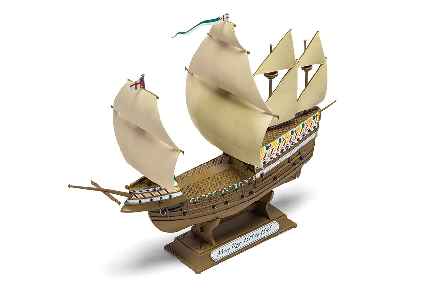 A fully assembled 1/400 scale plastic model of the Mary Rose ship, mounted on a brown display stand against a white background.
