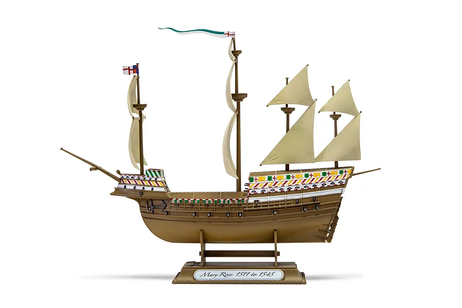 A fully assembled and painted 1/400 scale plastic model of the Mary Rose ship on a display stand against a white background.