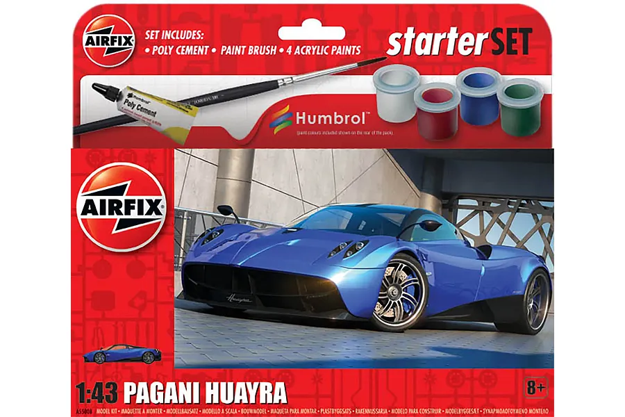 Airfix 1/43 scale Pagani Huayra model car starter kit packaging featuring a blue sports car image, paint pots, brush, and poly cement.