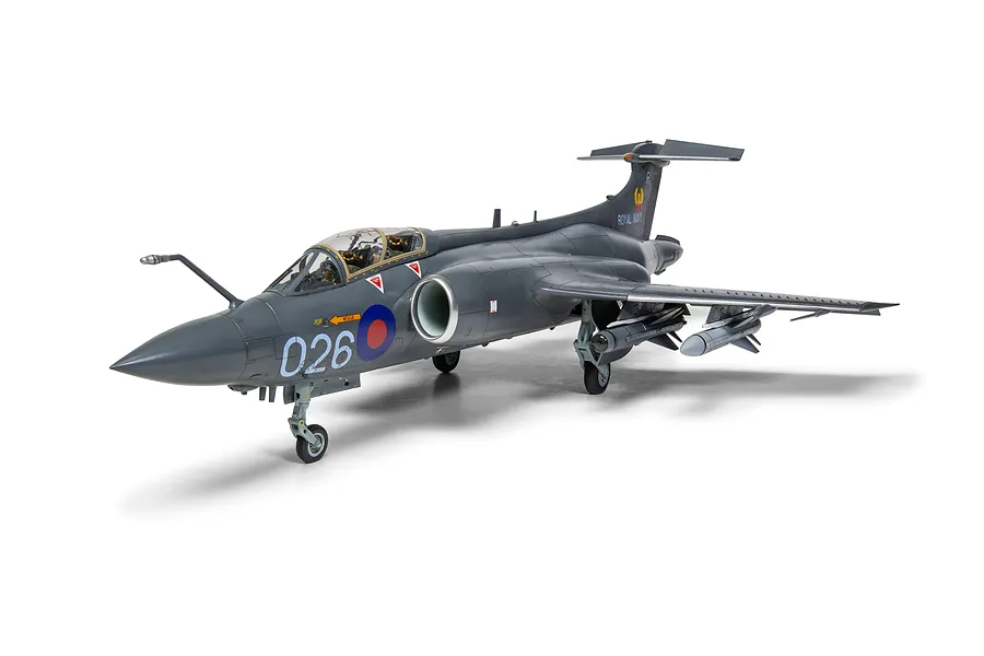 A fully assembled and painted 1/48 scale plastic model of a Blackburn Buccaneer S.2C/D military aircraft in Royal Navy livery.