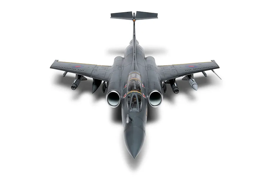 A front-facing studio shot of a fully assembled and painted 1/48 scale Blackburn Buccaneer model aircraft, showing its grey fuselage and twin engine intakes.
