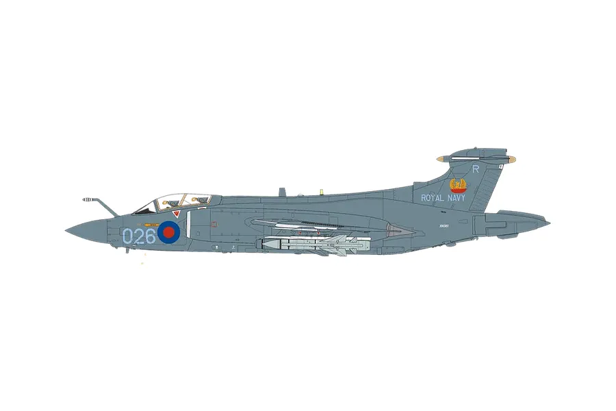 A side-profile digital illustration of a Royal Navy Blackburn Buccaneer aircraft in grey camouflage with markings.