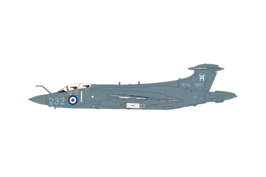 A side-profile digital illustration of a Royal Navy Blackburn Buccaneer aircraft in grey livery with the number 232 on the fuselage.