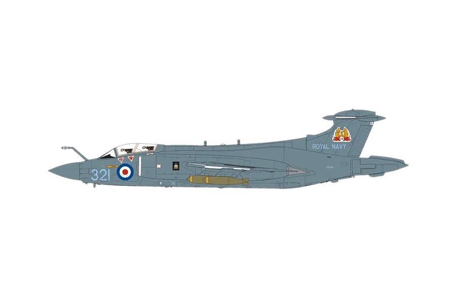 A side-profile digital illustration of a Royal Navy Blackburn Buccaneer aircraft in grey camouflage with a bomb mounted under the wing.