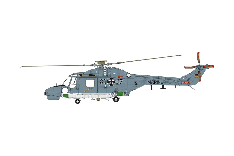A side-profile digital illustration of a German Navy Westland Lynx helicopter in grey camouflage with the number 83+07 on the fuselage.