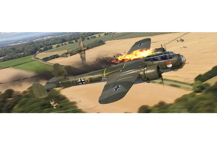 Digital illustration of a Dornier Do 17 bomber on fire in mid-air, being pursued by a fighter plane over a rural landscape.