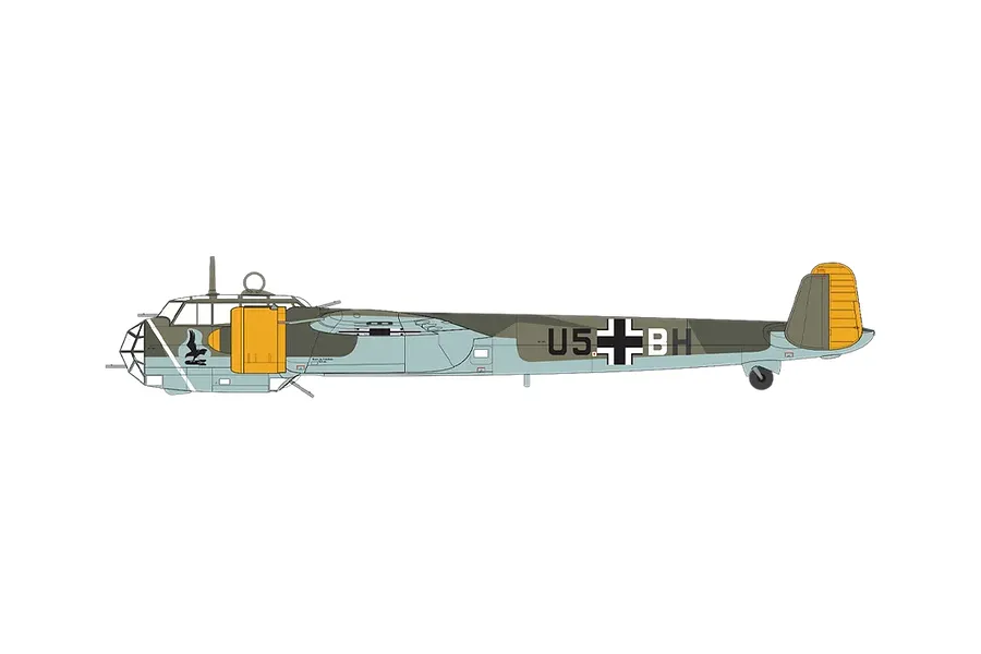 A side-profile digital illustration of a Dornier Do 17Z bomber aircraft with camouflage paint, yellow engine cowlings, and German military markings.