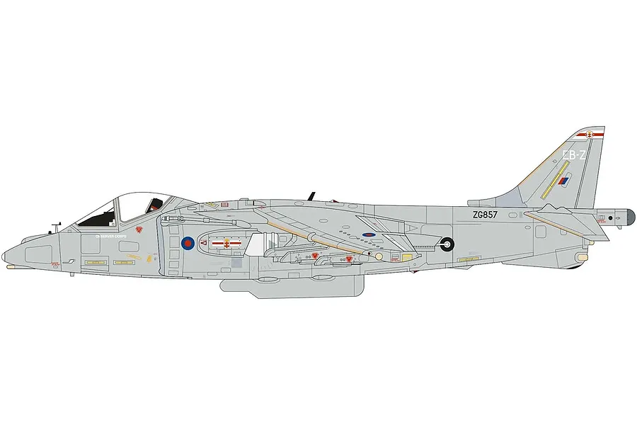 A side-profile digital illustration of a grey BAe Harrier GR7a/GR9 military aircraft with RAF markings and serial number ZG857.