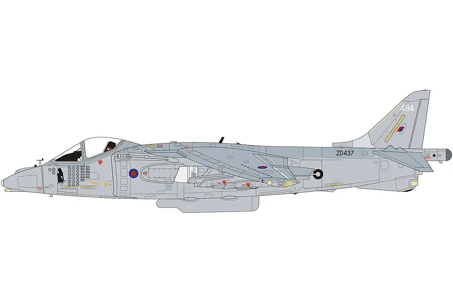 A side-profile digital illustration of a grey BAe Harrier GR7a/GR9 military jet, showing markings including ZD437 and a nose art silhouette.