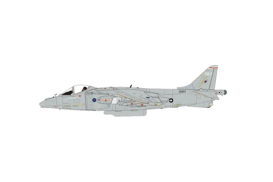 A side-profile digital illustration of a BAe Harrier GR7a/GR9 military aircraft in grey livery with RAF markings.