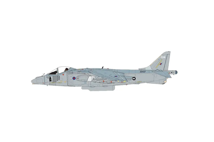 A side-profile digital illustration of a grey BAe Harrier GR7a/GR9 military jet with RAF markings and nose art.