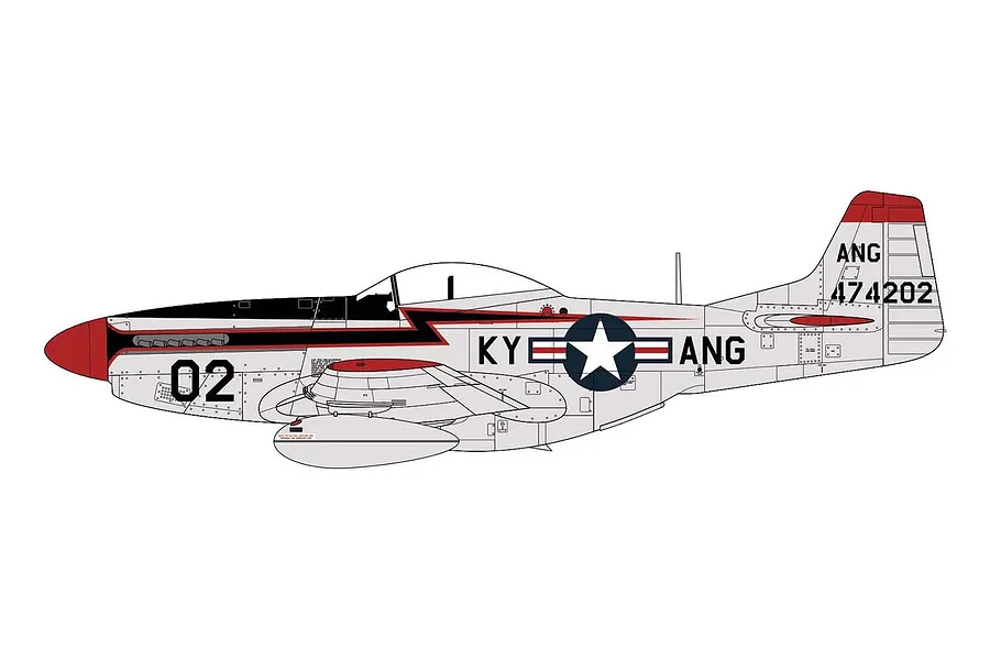 A digital side-profile illustration of a North American F-51D Mustang aircraft in Air National Guard livery with red, black, and silver markings.