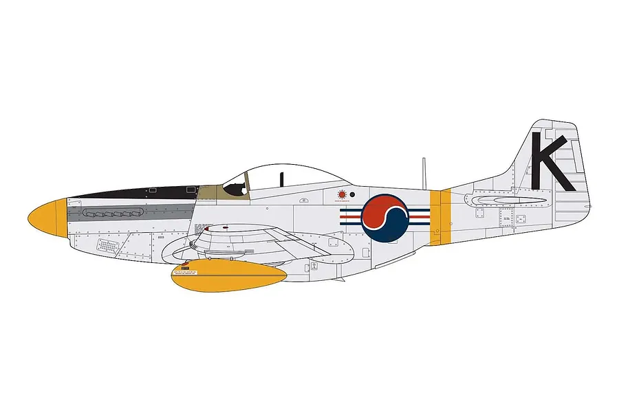 A side-profile digital illustration of a North American F-51D Mustang aircraft in silver livery with yellow nose and fuel tank markings.