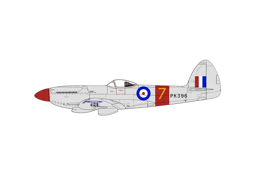 A digital side-profile illustration of a Supermarine Spitfire F.Mk.22 aircraft with grey fuselage, red nose, and RAF markings.