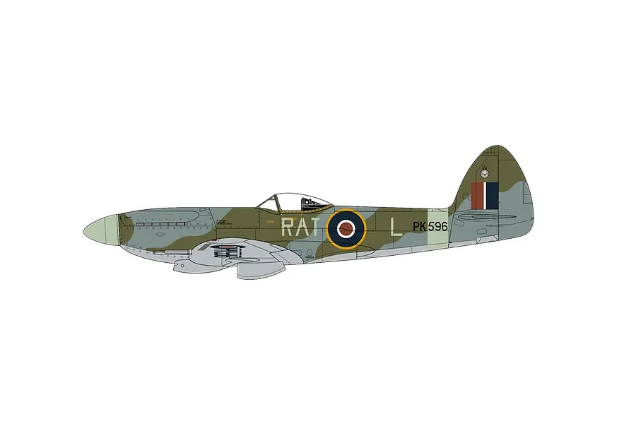 A side-profile illustration of a Supermarine Spitfire F.Mk.22 in camouflage livery with RAF markings and the code RAT L.