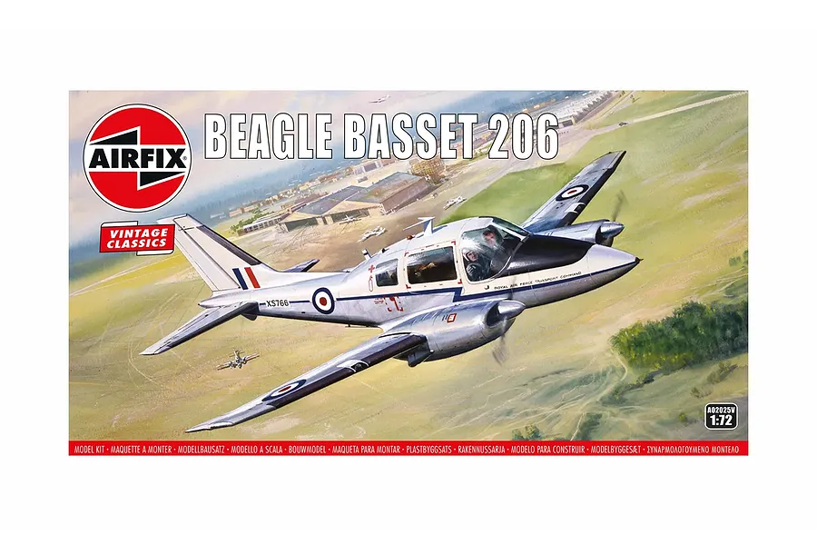 Airfix 1/72 scale Beagle Basset 206 plastic model kit box art showing a silver aircraft flying over an airfield.