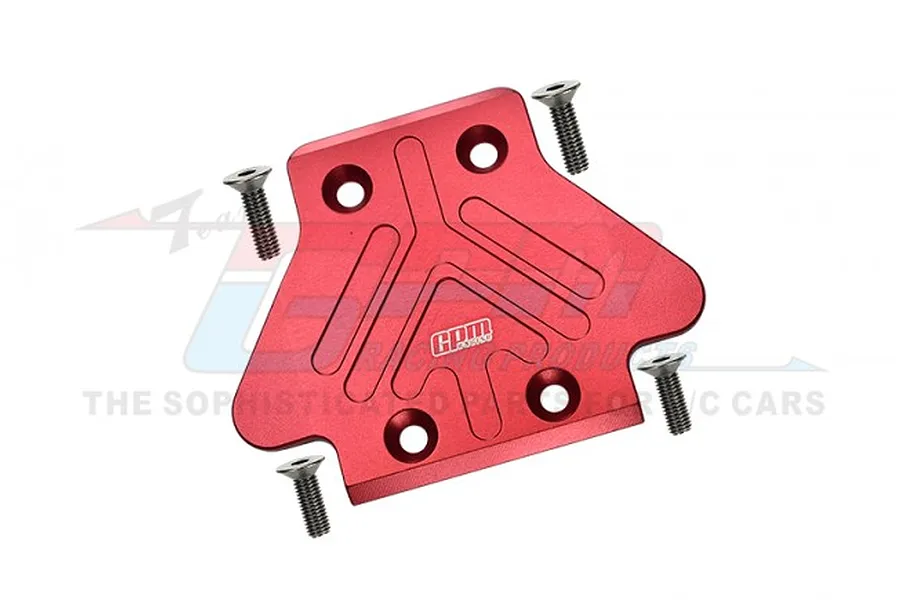 GPM Racing red anodised aluminium rear skid plate with four included mounting screws, isolated on a white background.