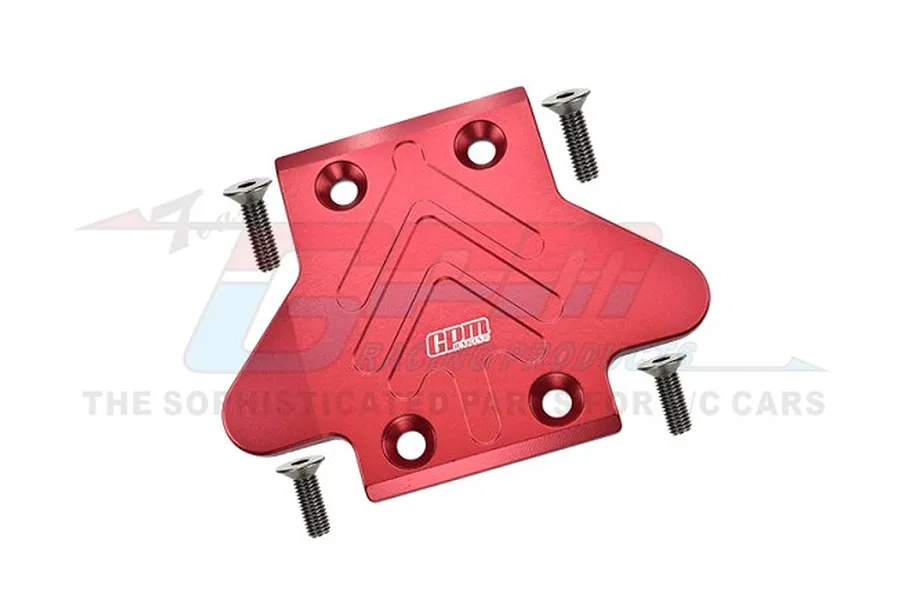GPM Racing red anodised aluminium front skid plate for RC cars, shown with four included mounting screws.