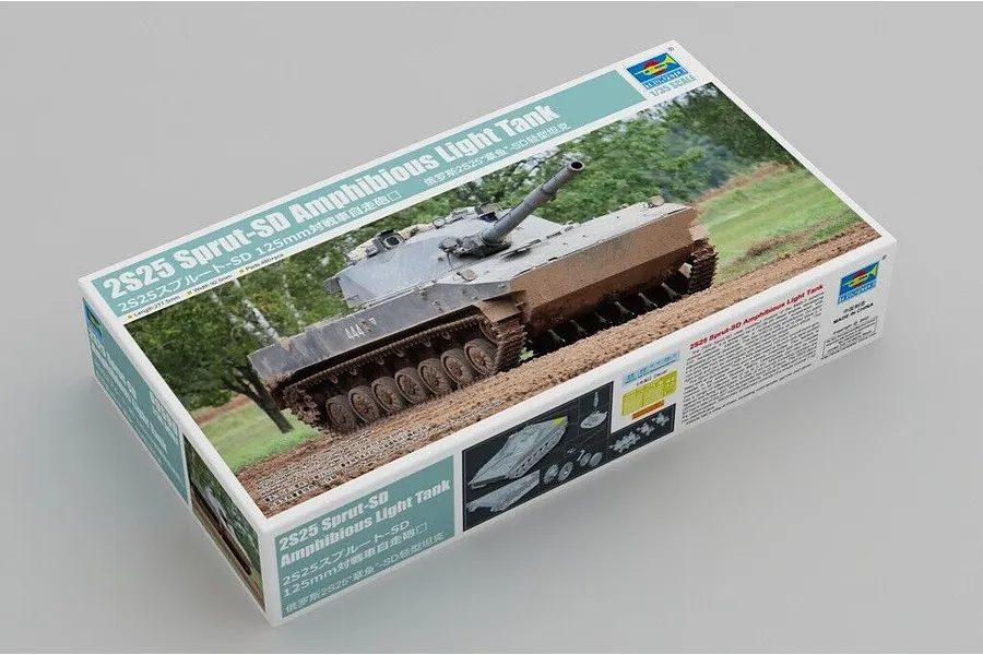Trumpeter 1/35 scale 2S25 Sprut-SD Amphibious Light Tank plastic model kit box showing a finished tank model on a dirt field.