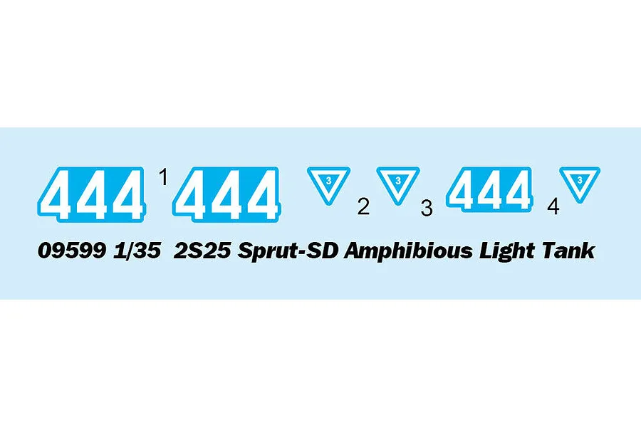 A digital decal sheet for a 1/35 scale Trumpeter 2S25 Sprut-SD model kit, featuring the number 444 and triangular markings.