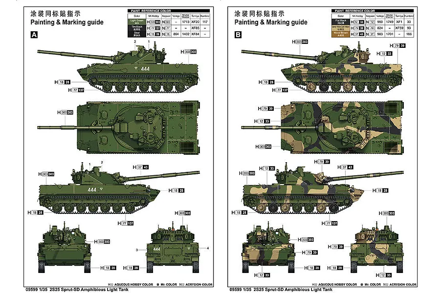 Painting and marking guide for a Trumpeter 1/35 scale 2S25 Sprut-SD tank model kit, showing two camouflage schemes with color reference tables.