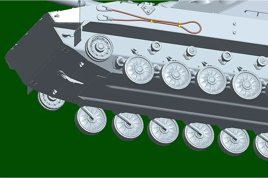 A 3D digital render showing the side hull and road wheels of a Russian 2S25 Sprut-SD light tank model kit.