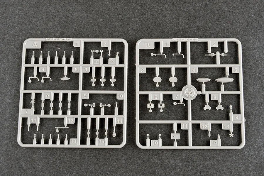 Two grey plastic model kit sprues labeled A and B, containing small ship parts for a 1/700 scale model.